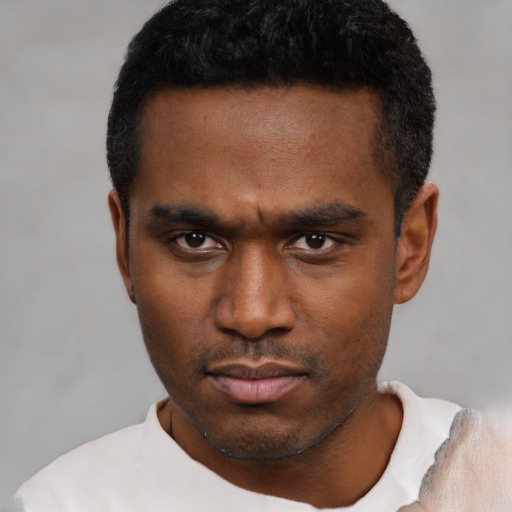 Neutral black young-adult male with short  black hair and brown eyes