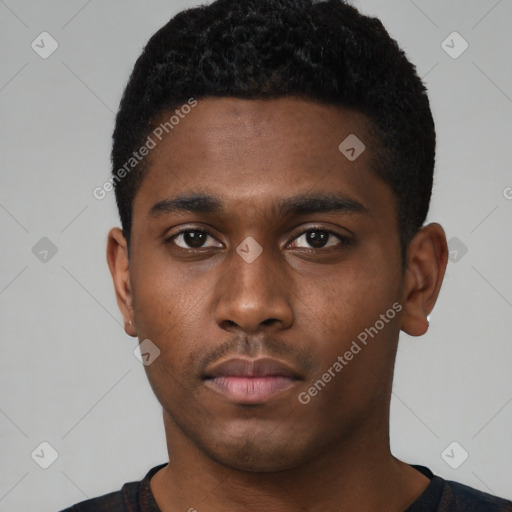 Neutral black young-adult male with short  black hair and brown eyes