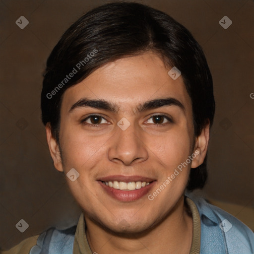 Joyful white young-adult male with short  black hair and brown eyes