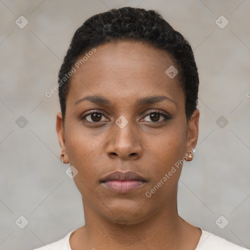 Neutral black young-adult female with short  black hair and brown eyes