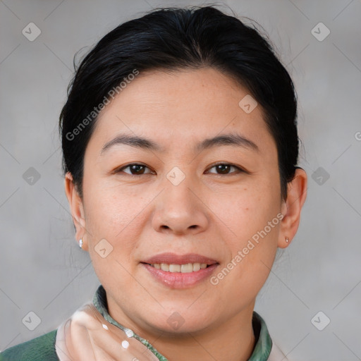 Joyful white young-adult female with short  brown hair and brown eyes