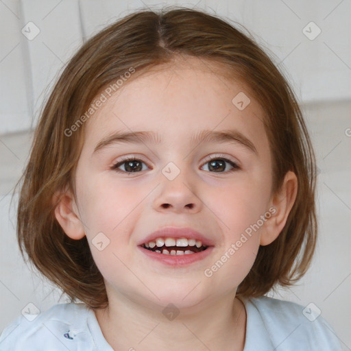 Joyful white child female with medium  brown hair and blue eyes