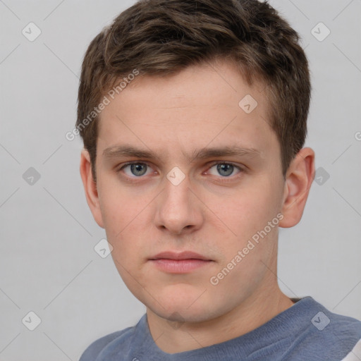 Neutral white young-adult male with short  brown hair and grey eyes