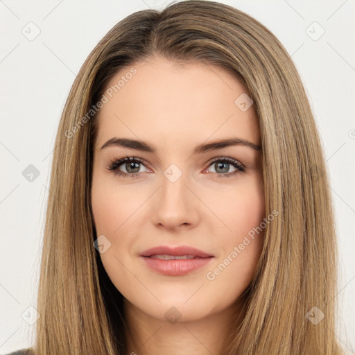 Neutral white young-adult female with long  brown hair and brown eyes