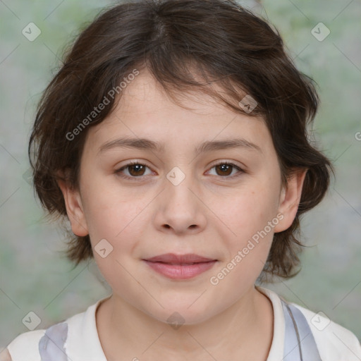 Joyful white child female with medium  brown hair and brown eyes