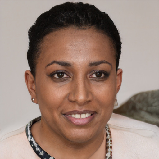 Joyful black young-adult female with short  brown hair and brown eyes
