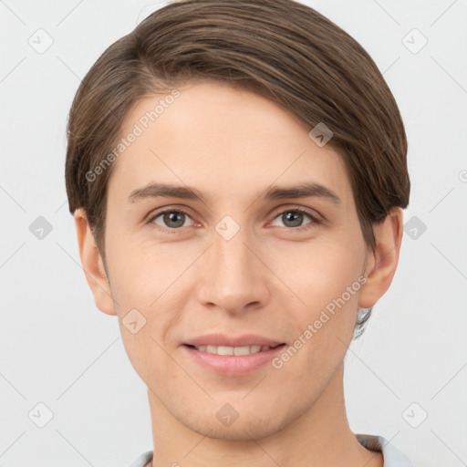 Joyful white young-adult female with short  brown hair and brown eyes