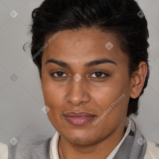 Joyful latino young-adult female with short  brown hair and brown eyes