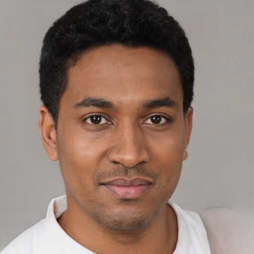Joyful black young-adult male with short  black hair and brown eyes