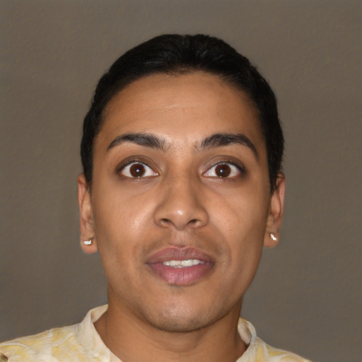 Joyful latino young-adult female with short  brown hair and brown eyes