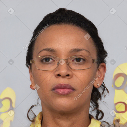 Neutral black adult female with short  brown hair and brown eyes
