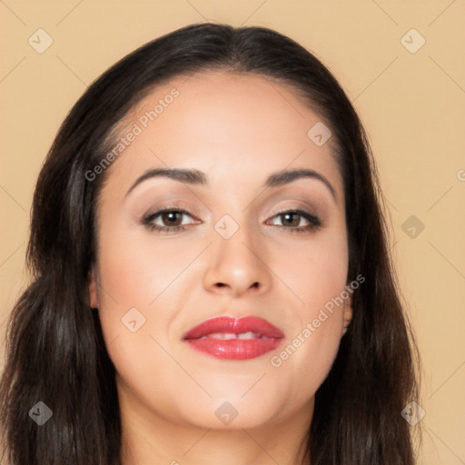 Joyful asian young-adult female with long  brown hair and brown eyes