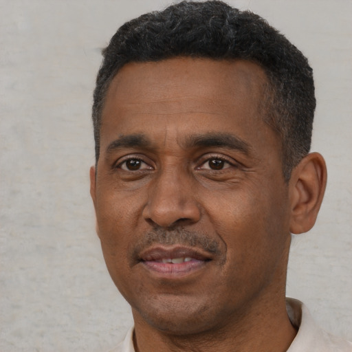 Neutral black adult male with short  black hair and brown eyes