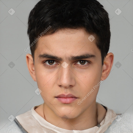 Neutral white young-adult male with short  brown hair and brown eyes
