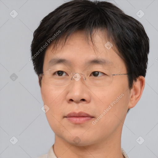 Joyful asian young-adult male with short  brown hair and brown eyes