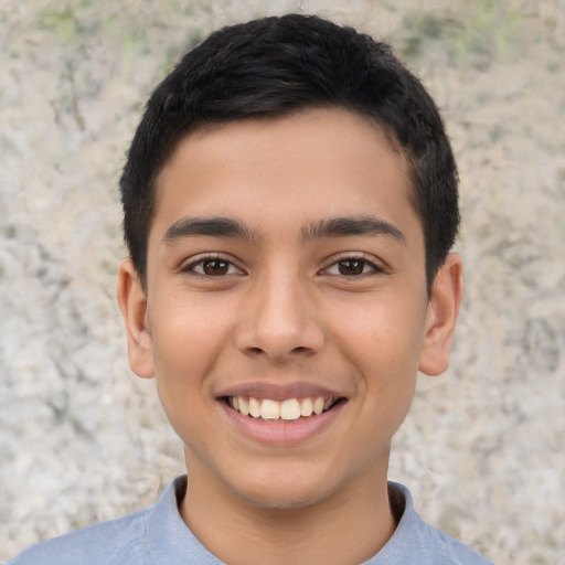 Joyful latino young-adult male with short  brown hair and brown eyes