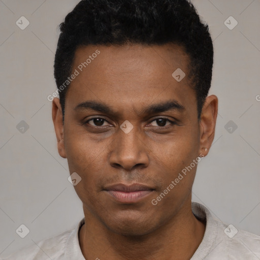 Neutral latino young-adult male with short  black hair and brown eyes