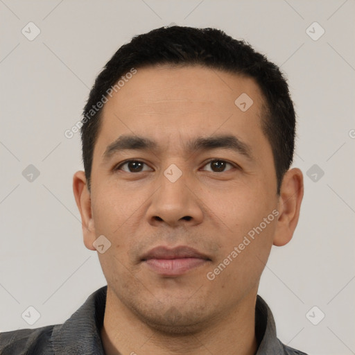 Neutral asian young-adult male with short  black hair and brown eyes