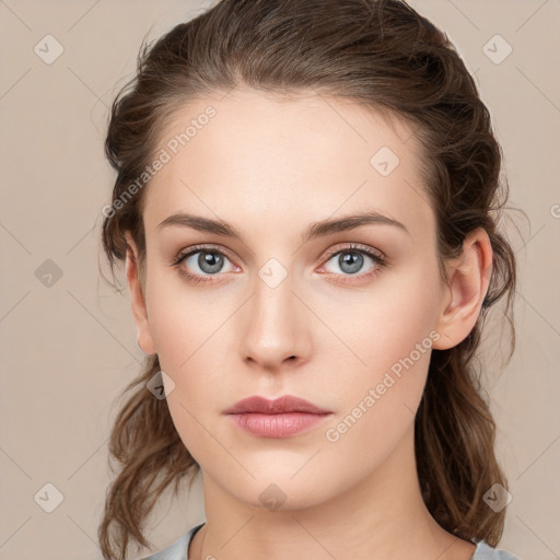 Neutral white young-adult female with medium  brown hair and grey eyes