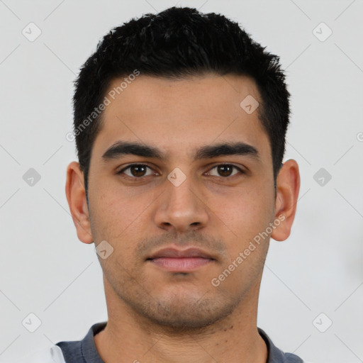 Neutral latino young-adult male with short  black hair and brown eyes