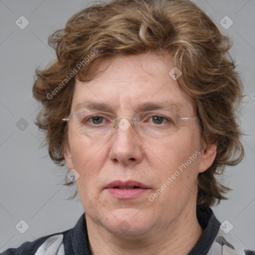 Joyful white adult female with medium  brown hair and blue eyes