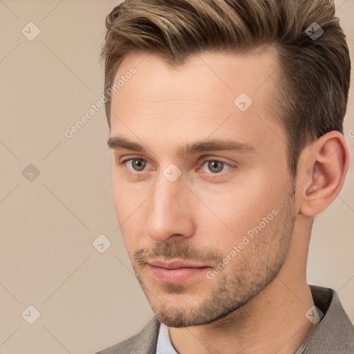 Neutral white young-adult male with short  brown hair and brown eyes