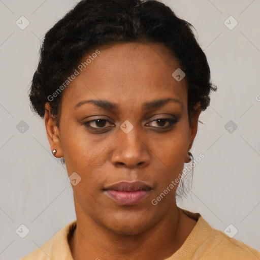 Neutral black young-adult female with short  brown hair and brown eyes