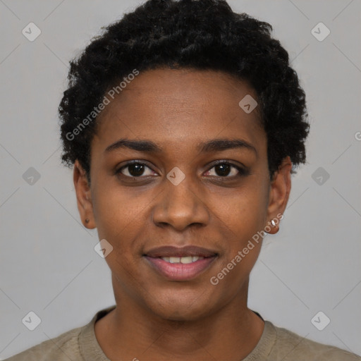 Joyful black young-adult female with short  black hair and brown eyes