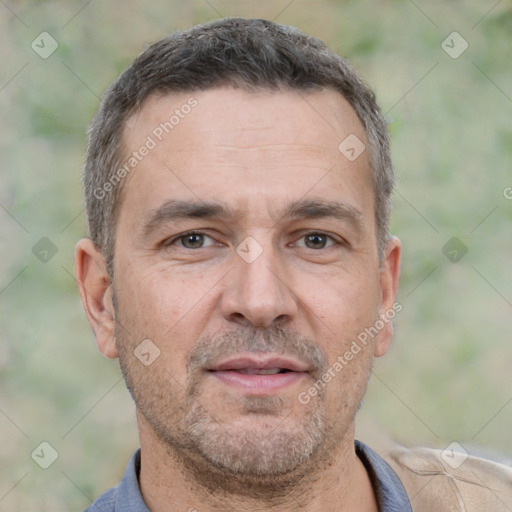 Neutral white adult male with short  brown hair and brown eyes