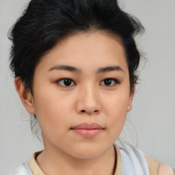 Neutral asian young-adult female with medium  brown hair and brown eyes