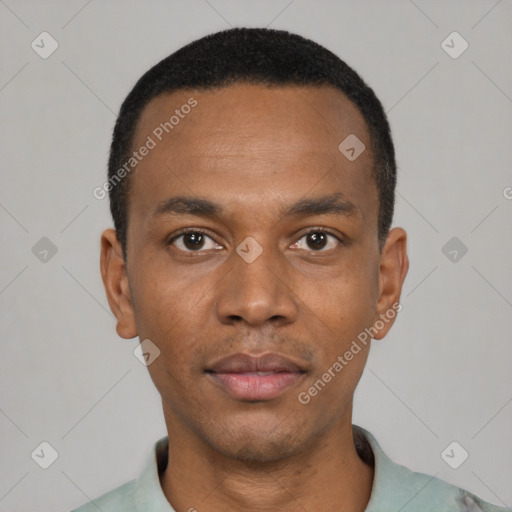 Neutral black young-adult male with short  black hair and brown eyes