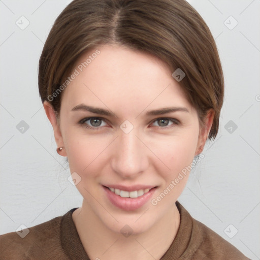 Joyful white young-adult female with medium  brown hair and grey eyes