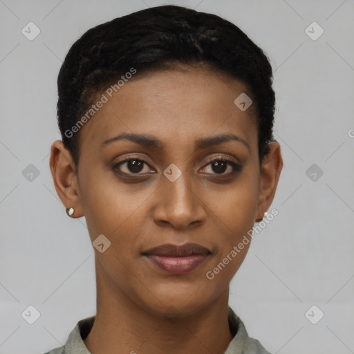 Joyful latino young-adult female with short  black hair and brown eyes