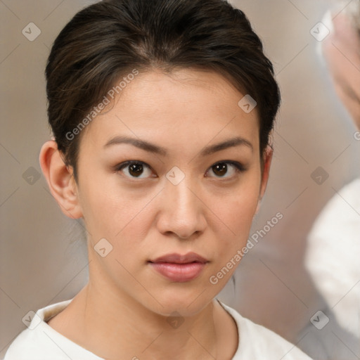 Neutral white young-adult female with short  brown hair and brown eyes