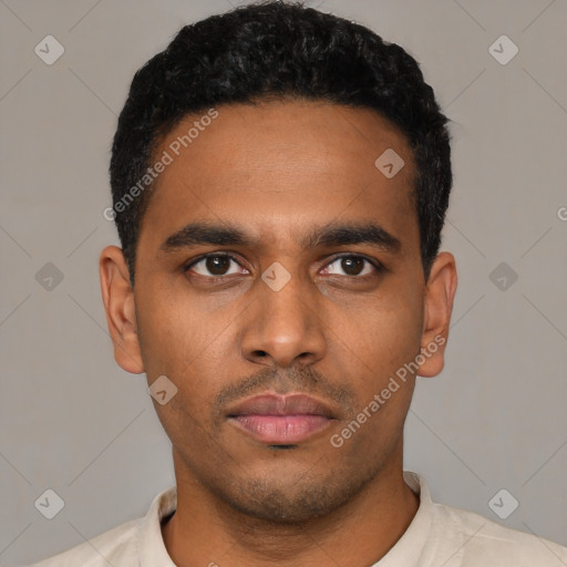 Neutral latino young-adult male with short  black hair and brown eyes