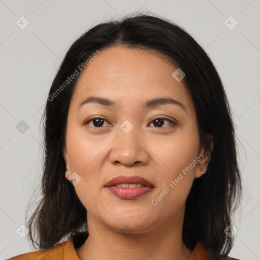 Joyful asian young-adult female with medium  brown hair and brown eyes