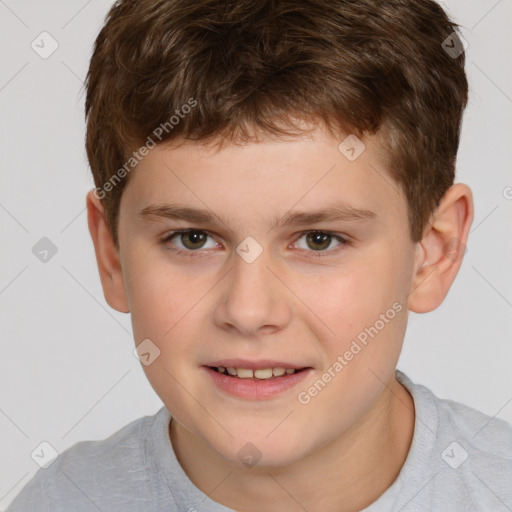 Joyful white child male with short  brown hair and brown eyes