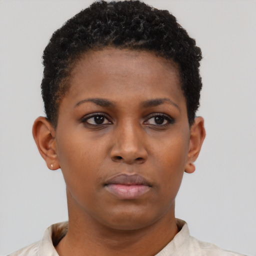 Neutral black young-adult female with short  black hair and brown eyes