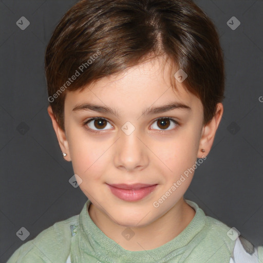 Joyful white child female with short  brown hair and brown eyes