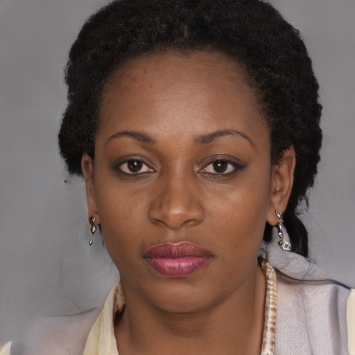 Neutral black young-adult female with long  brown hair and brown eyes