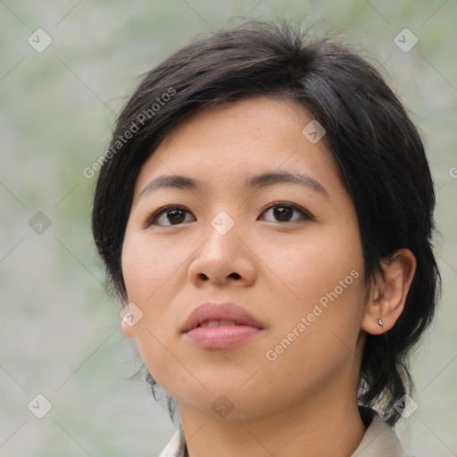 Neutral asian young-adult female with medium  brown hair and brown eyes