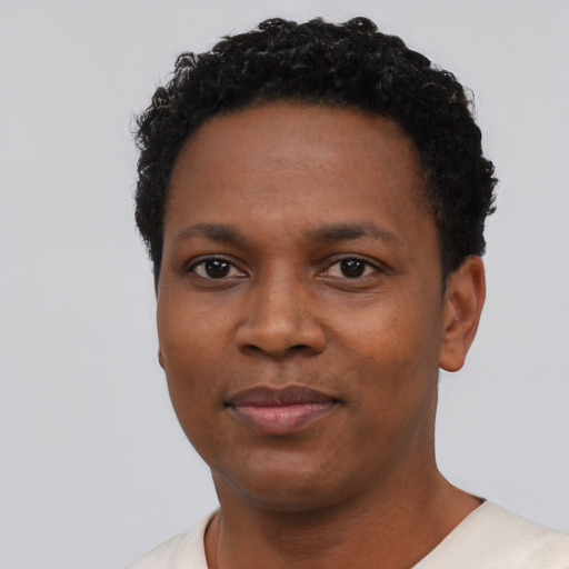 Neutral black young-adult female with short  black hair and brown eyes