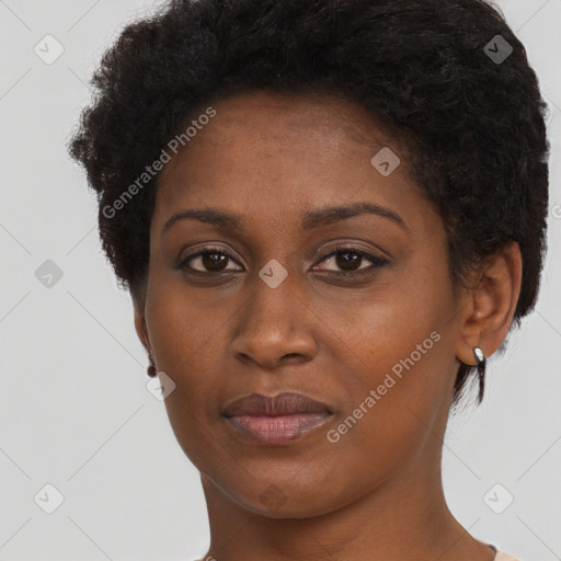 Neutral black young-adult female with short  black hair and brown eyes