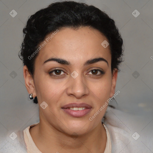 Joyful latino young-adult female with short  brown hair and brown eyes