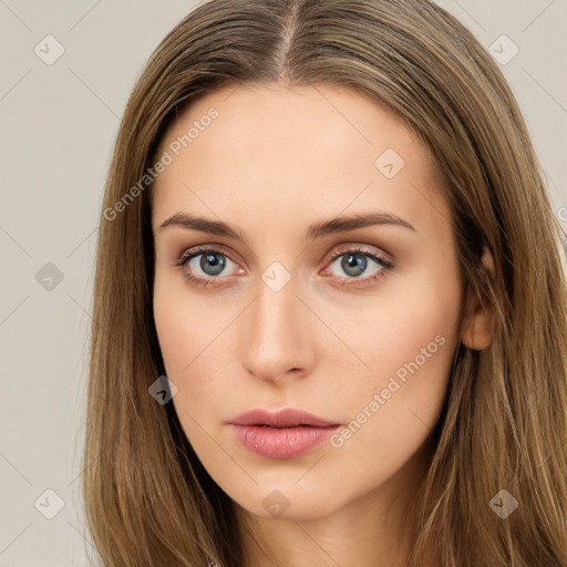 Neutral white young-adult female with long  brown hair and brown eyes