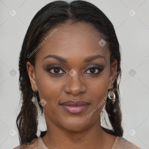 Joyful black young-adult female with medium  brown hair and brown eyes