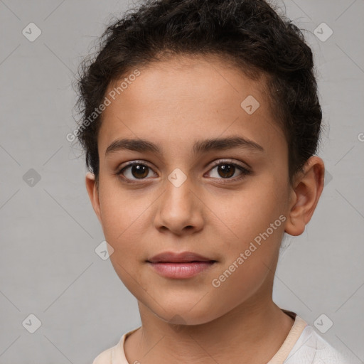 Joyful white child female with short  brown hair and brown eyes