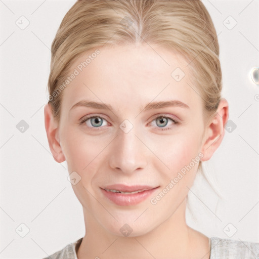 Joyful white young-adult female with medium  brown hair and blue eyes