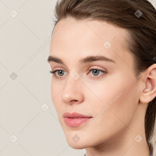 Neutral white young-adult female with medium  brown hair and grey eyes