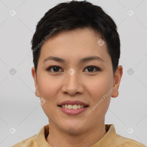 Joyful asian young-adult female with short  brown hair and brown eyes